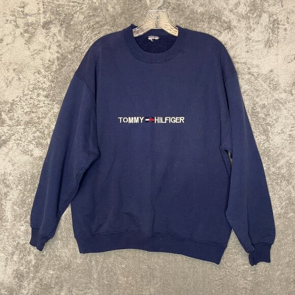Tommy Hilfiger Men Classic 90s Spellout Logo Crew Neck Pullover Sweatshirt L* - Picture 1 of 9